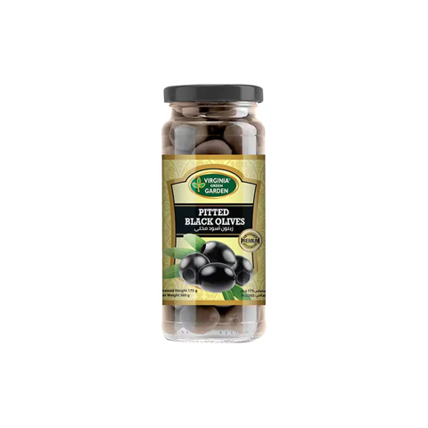 Virginia Green Garden Pitted black olive oil Available at onestopwholesalers 350g